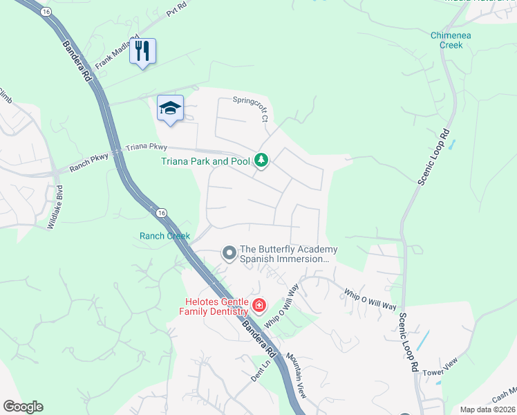 map of restaurants, bars, coffee shops, grocery stores, and more near 10426 Palmera Drive in Helotes