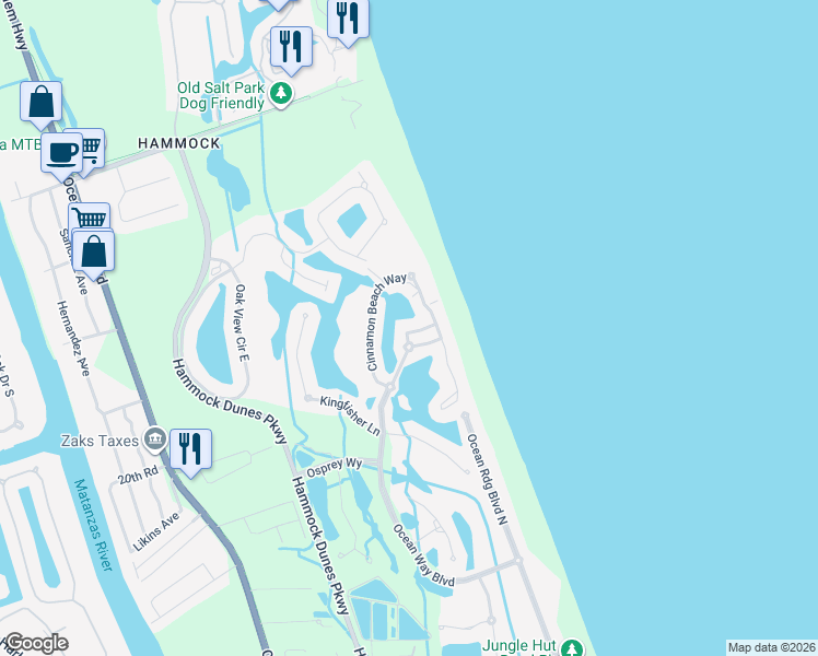 map of restaurants, bars, coffee shops, grocery stores, and more near 22 Cinnamon Beach Place in Palm Coast