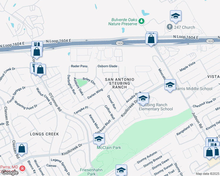map of restaurants, bars, coffee shops, grocery stores, and more near 5331 Argyle Way in San Antonio