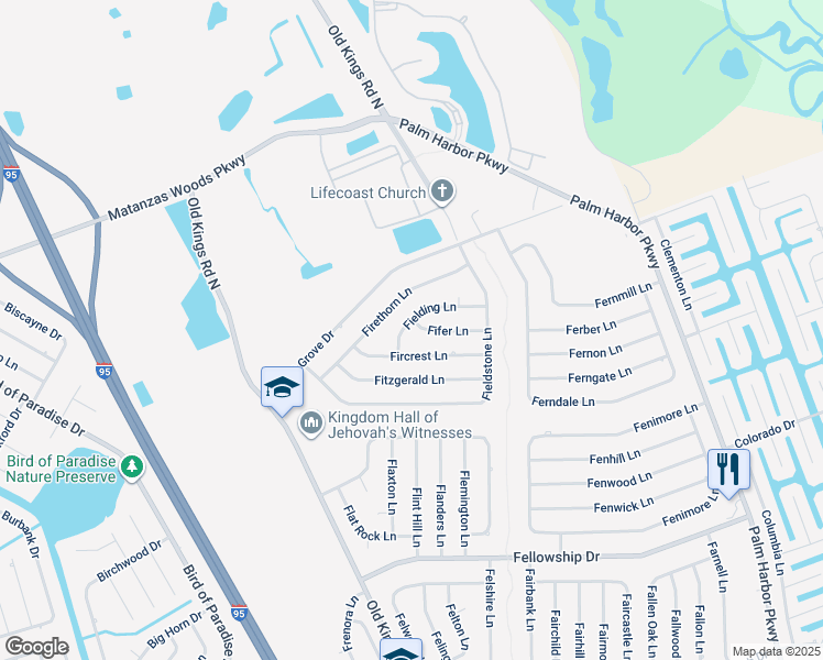 map of restaurants, bars, coffee shops, grocery stores, and more near 2 Fifer Lane in Palm Coast