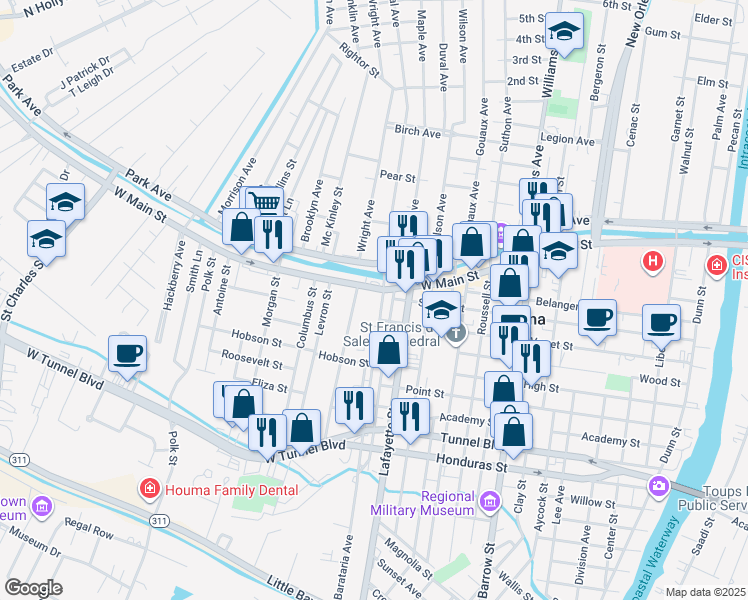 map of restaurants, bars, coffee shops, grocery stores, and more near 7614 West Main Street in Houma