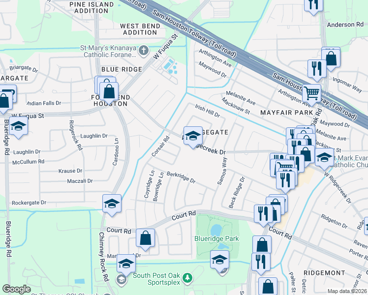 map of restaurants, bars, coffee shops, grocery stores, and more near 6107 West Ridgecreek Drive in Houston