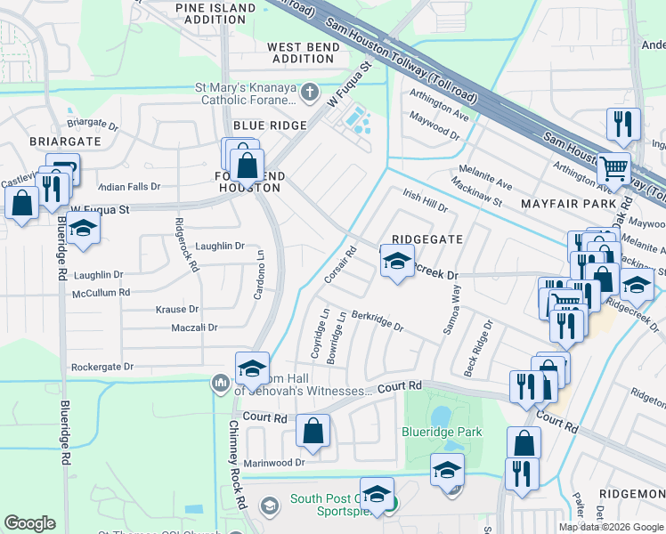 map of restaurants, bars, coffee shops, grocery stores, and more near 16010 Corsair Road in Houston