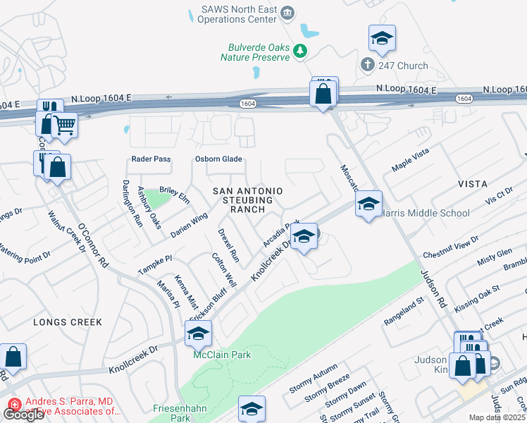 map of restaurants, bars, coffee shops, grocery stores, and more near 5435 Excello Path in San Antonio