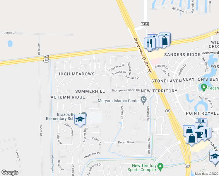 map of restaurants, bars, coffee shops, grocery stores, and more near 238 Darby Trails Drive in Sugar Land