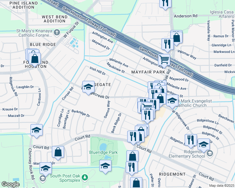 map of restaurants, bars, coffee shops, grocery stores, and more near 15819 Donforth Drive in Houston