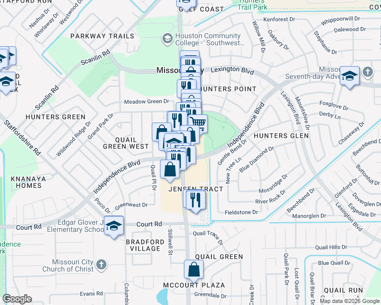 map of restaurants, bars, coffee shops, grocery stores, and more near 2193 Texas Parkway in Missouri City