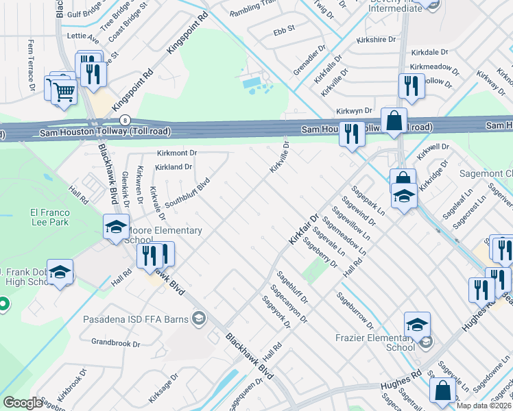 map of restaurants, bars, coffee shops, grocery stores, and more near 10411 Sageburrow Drive in Houston