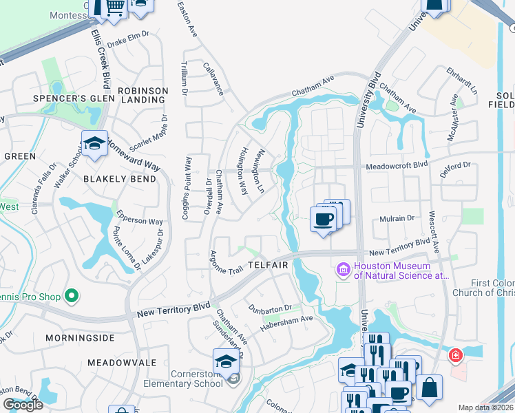 map of restaurants, bars, coffee shops, grocery stores, and more near 7018 Spindle Pine Way in Sugar Land