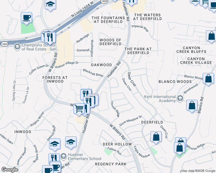map of restaurants, bars, coffee shops, grocery stores, and more near 15618 Thrush Gate Lane in San Antonio