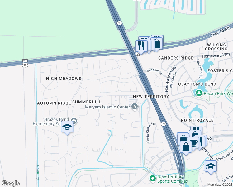 map of restaurants, bars, coffee shops, grocery stores, and more near 414 Darby Trails Drive in Sugar Land
