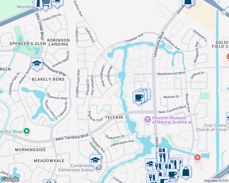 map of restaurants, bars, coffee shops, grocery stores, and more near 7018 Spindle Pine Way in Sugar Land