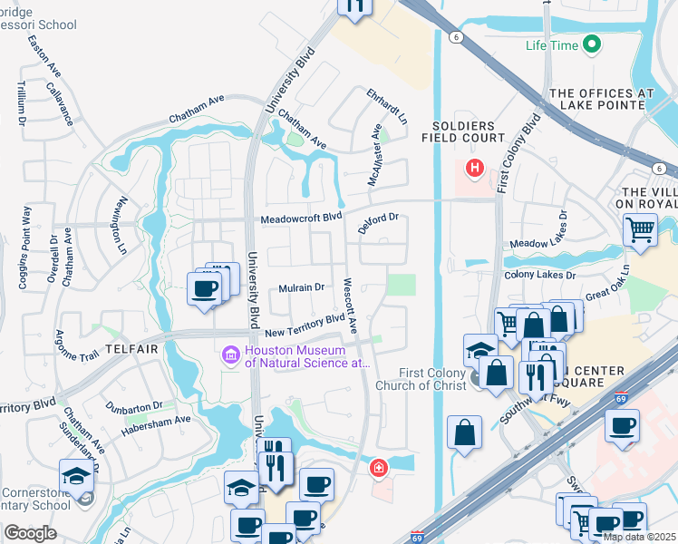 map of restaurants, bars, coffee shops, grocery stores, and more near 1103 Bainbridge Drive in Sugar Land