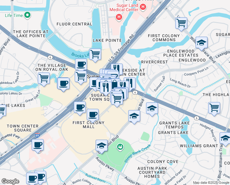 map of restaurants, bars, coffee shops, grocery stores, and more near 2258 Texas Drive in Sugar Land