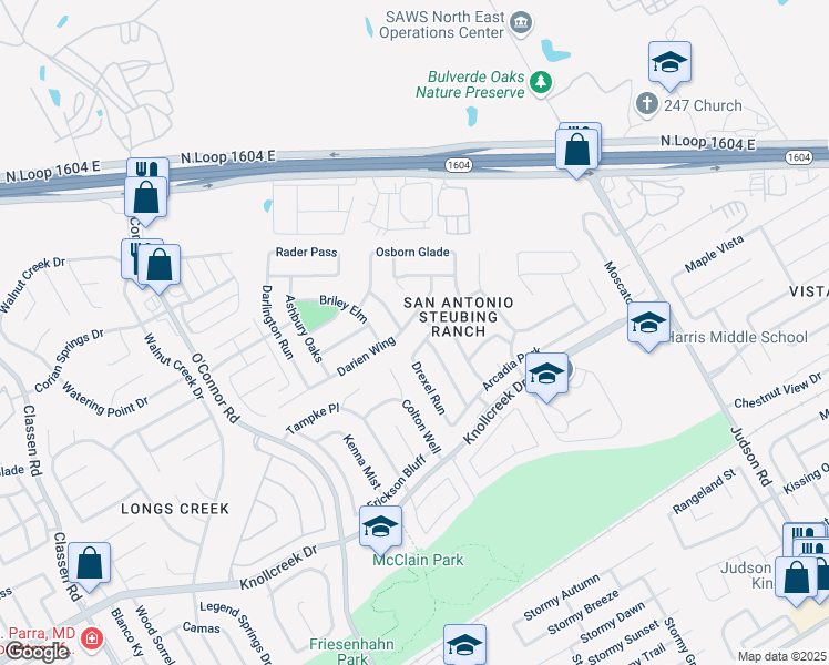 map of restaurants, bars, coffee shops, grocery stores, and more near 5331 Argyle Way in San Antonio