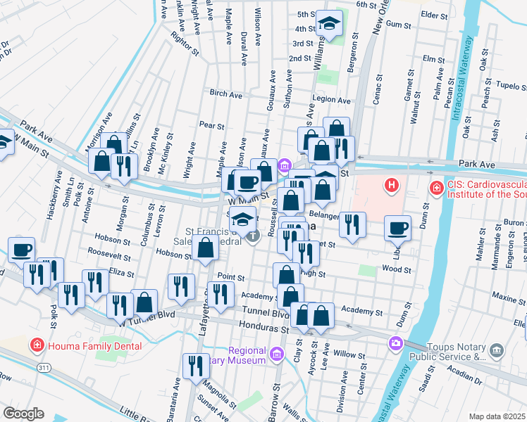 map of restaurants, bars, coffee shops, grocery stores, and more near 504 Belanger Street in Houma