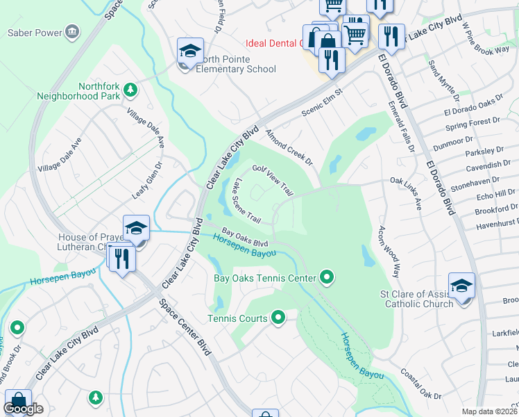 map of restaurants, bars, coffee shops, grocery stores, and more near 2338 Central Park Circle in Houston