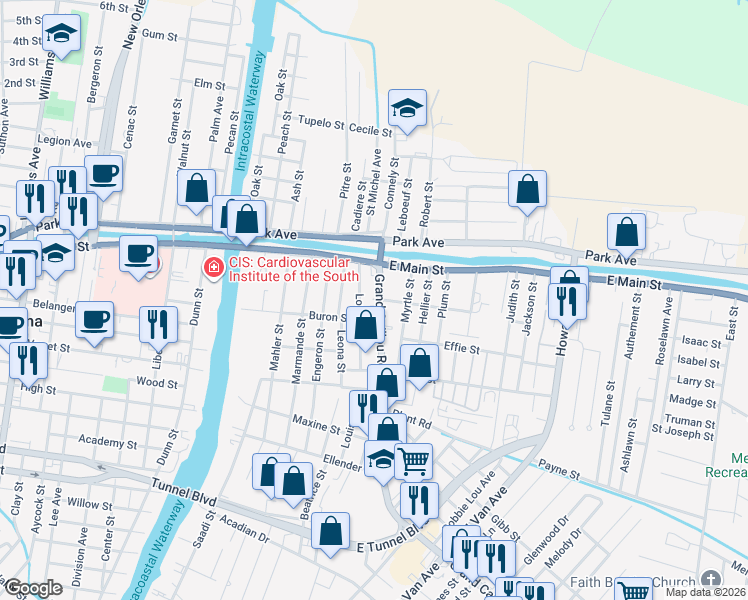 map of restaurants, bars, coffee shops, grocery stores, and more near 1606 Furman Street in Houma