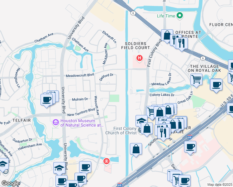 map of restaurants, bars, coffee shops, grocery stores, and more near 7642 Westmoreland Drive in Sugar Land