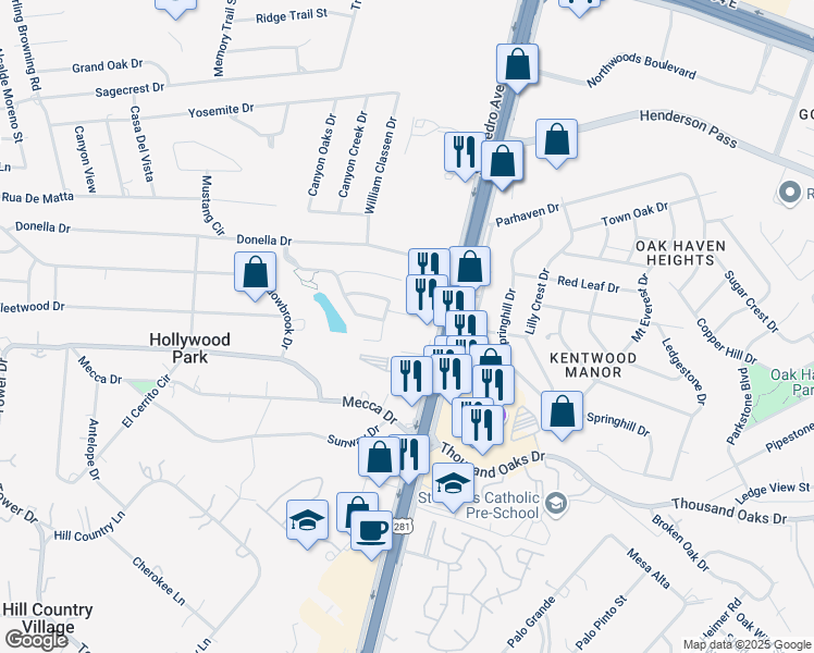 map of restaurants, bars, coffee shops, grocery stores, and more near 16915 San Pedro Ave in San Antonio