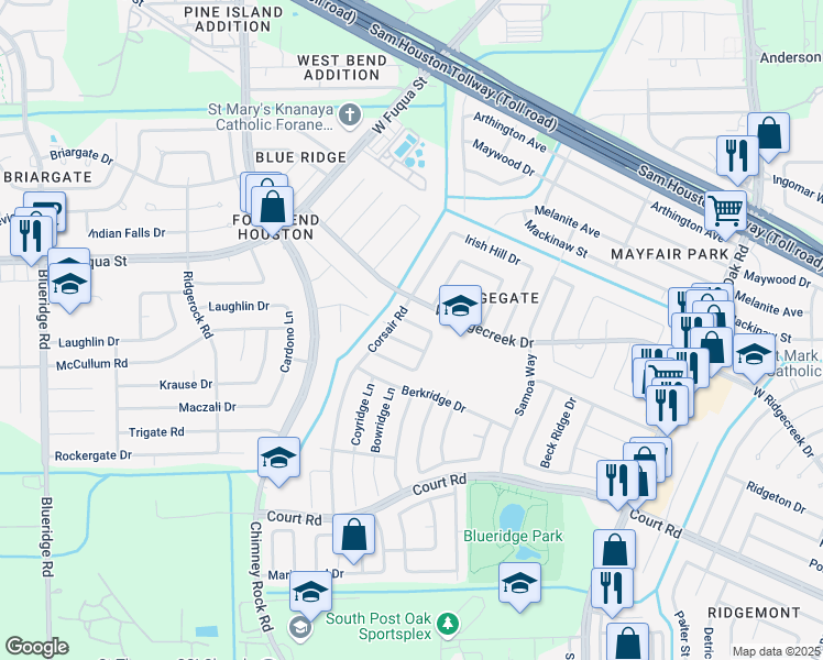 map of restaurants, bars, coffee shops, grocery stores, and more near 6319 Clayridge Drive in Houston