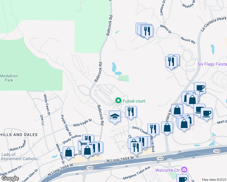map of restaurants, bars, coffee shops, grocery stores, and more near 15949 Chase Hill Boulevard in San Antonio