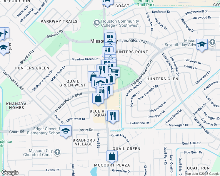 map of restaurants, bars, coffee shops, grocery stores, and more near 2193 Texas Parkway in Missouri City
