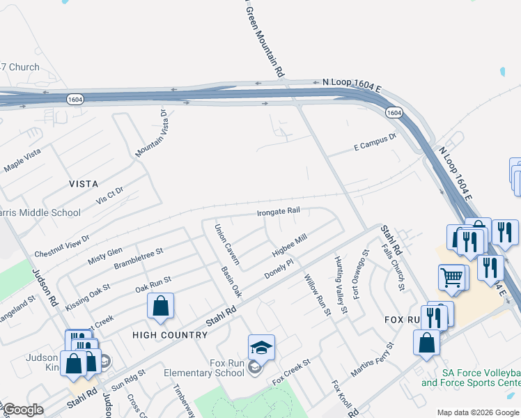 map of restaurants, bars, coffee shops, grocery stores, and more near 17186 Irongate Rail in San Antonio