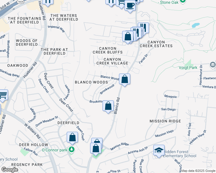 map of restaurants, bars, coffee shops, grocery stores, and more near 16925 Brookwood in San Antonio