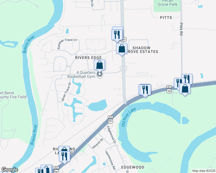map of restaurants, bars, coffee shops, grocery stores, and more near 137 Farm to Market 359 in Richmond