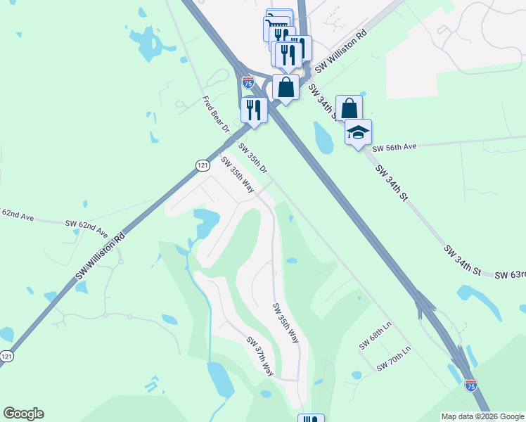 map of restaurants, bars, coffee shops, grocery stores, and more near 5808 Southwest 35th Way in Gainesville