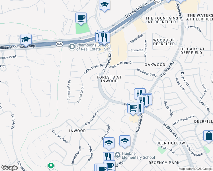 map of restaurants, bars, coffee shops, grocery stores, and more near 2639 Inwood View Drive in San Antonio