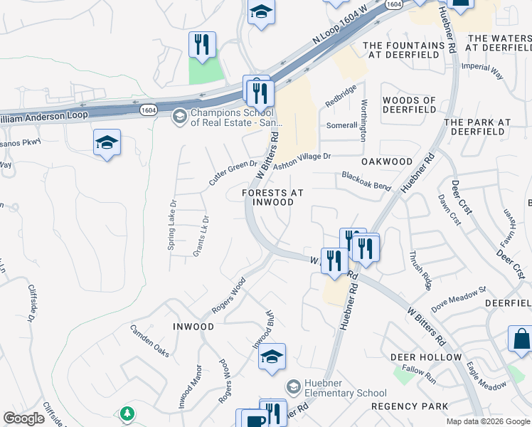 map of restaurants, bars, coffee shops, grocery stores, and more near 2639 Inwood View Drive in San Antonio