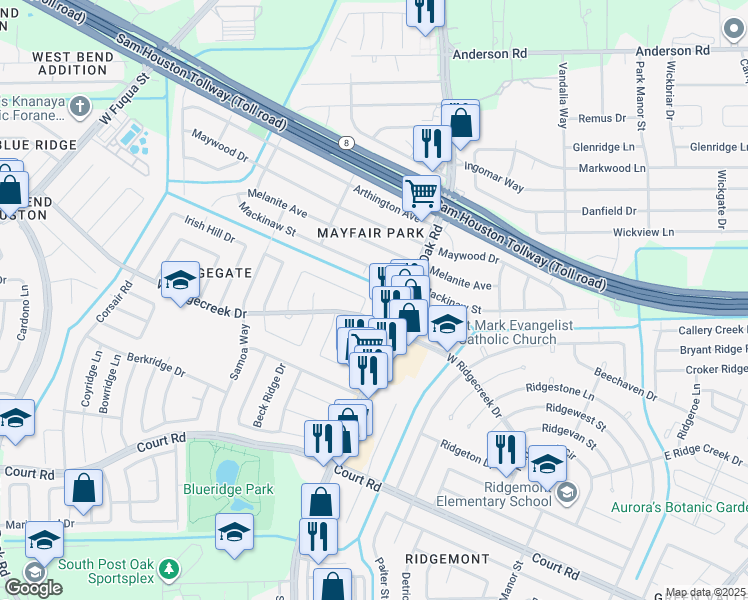 map of restaurants, bars, coffee shops, grocery stores, and more near 15807 Darton Street in Houston
