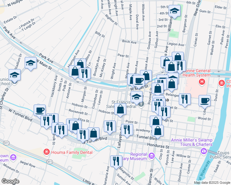 map of restaurants, bars, coffee shops, grocery stores, and more near 7614 West Main Street in Houma