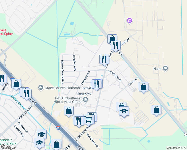 map of restaurants, bars, coffee shops, grocery stores, and more near 13919 Bonnington Drive in Houston