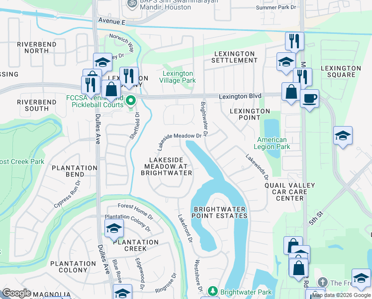 map of restaurants, bars, coffee shops, grocery stores, and more near 1615 Northshore Drive in Missouri City