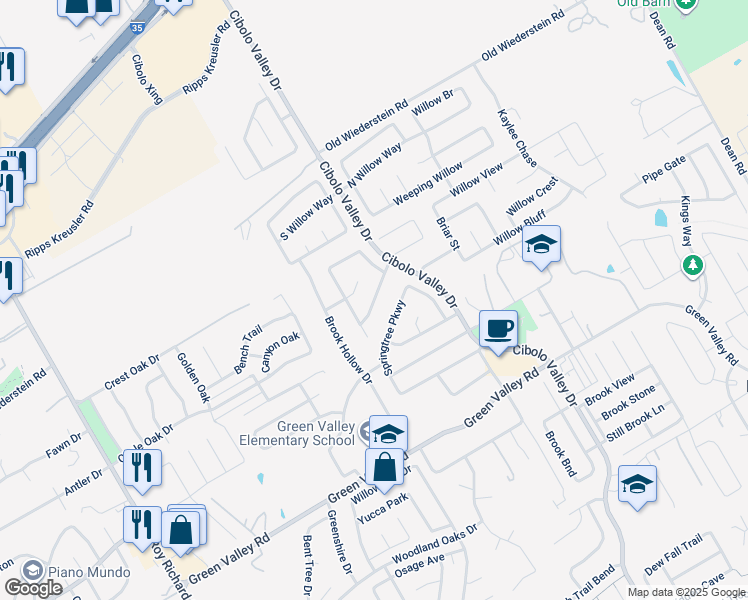 map of restaurants, bars, coffee shops, grocery stores, and more near 124 Springtree Cove in Cibolo