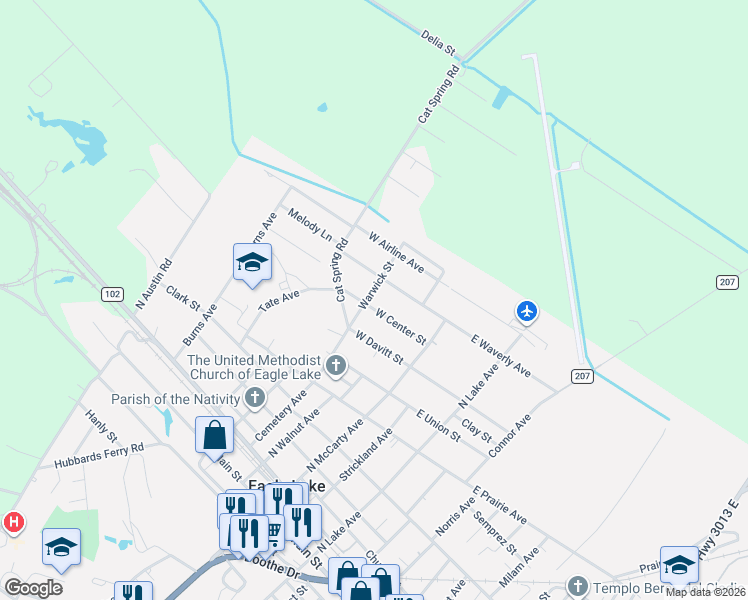 map of restaurants, bars, coffee shops, grocery stores, and more near 900 Warwick Street in Eagle Lake