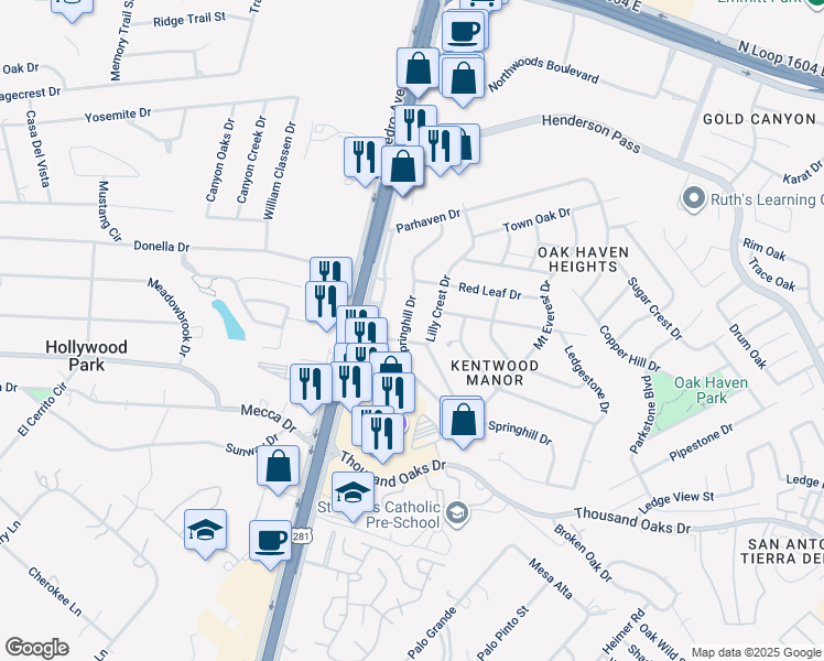 map of restaurants, bars, coffee shops, grocery stores, and more near 16803 Lilly Crest Drive in San Antonio
