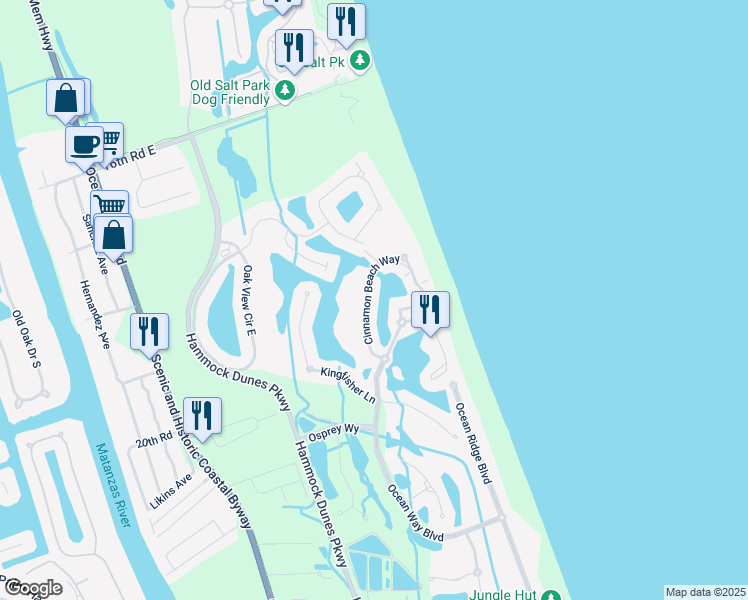 map of restaurants, bars, coffee shops, grocery stores, and more near 34 Cinnamon Beach Way in Palm Coast