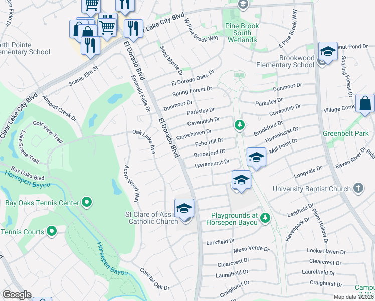 map of restaurants, bars, coffee shops, grocery stores, and more near 15702 Echo Hill Drive in Houston