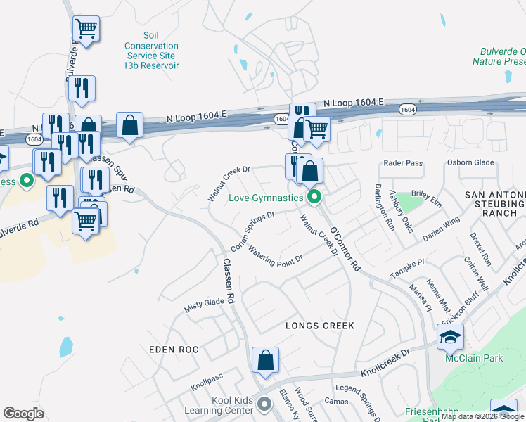 map of restaurants, bars, coffee shops, grocery stores, and more near 4827 Corian Springs Drive in San Antonio