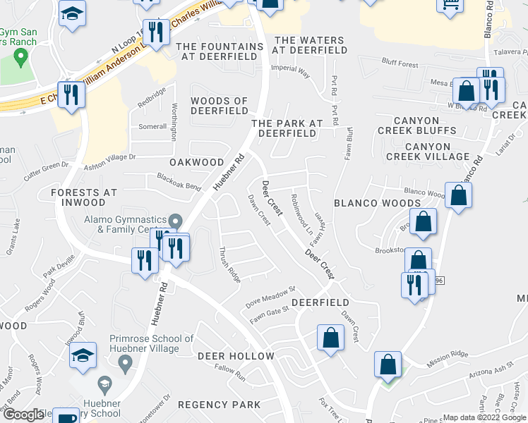 map of restaurants, bars, coffee shops, grocery stores, and more near 16219 Deer Crest in San Antonio