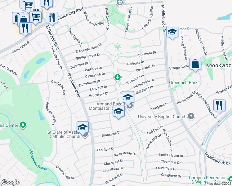 map of restaurants, bars, coffee shops, grocery stores, and more near 16026 Brookford Drive in Houston