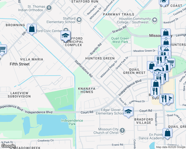 map of restaurants, bars, coffee shops, grocery stores, and more near 2033 Village Park Drive in Missouri City
