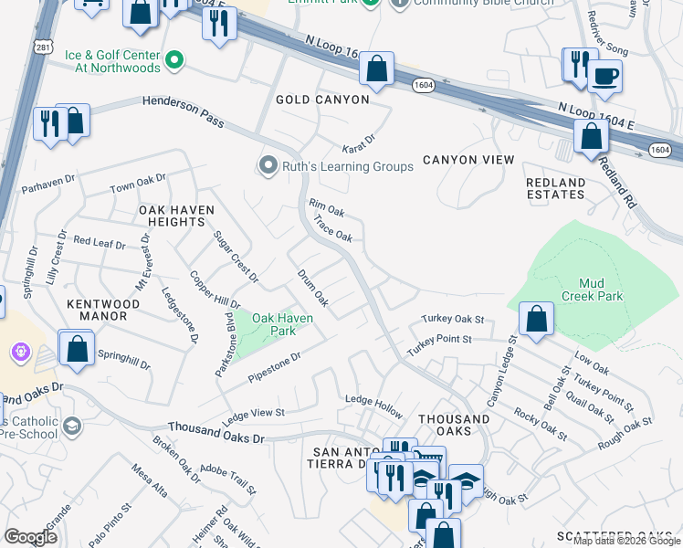 map of restaurants, bars, coffee shops, grocery stores, and more near 2427 Pendant Oak in San Antonio