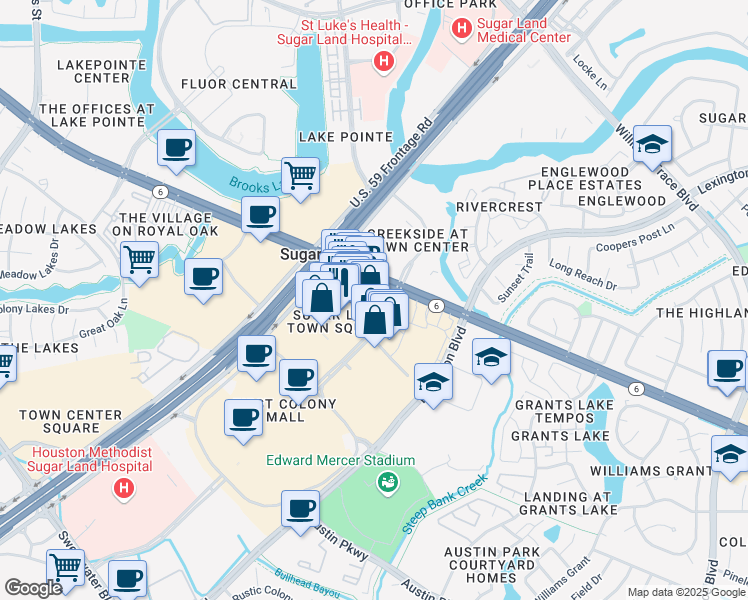 map of restaurants, bars, coffee shops, grocery stores, and more near 2245 Texas Drive in Sugar Land