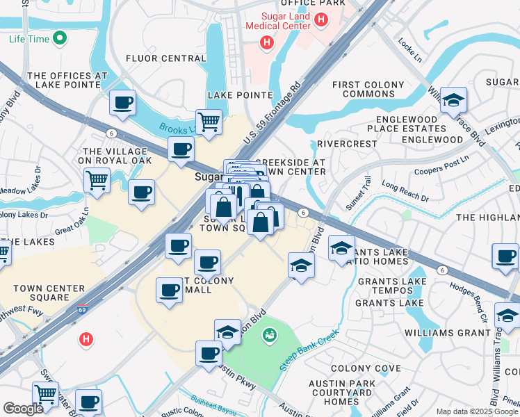 map of restaurants, bars, coffee shops, grocery stores, and more near 2245 Texas Drive in Sugar Land