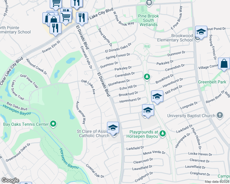 map of restaurants, bars, coffee shops, grocery stores, and more near 15702 Echo Hill Drive in Houston